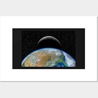 Planet Earth and crescent Moon against dark starry sky Posters and Art